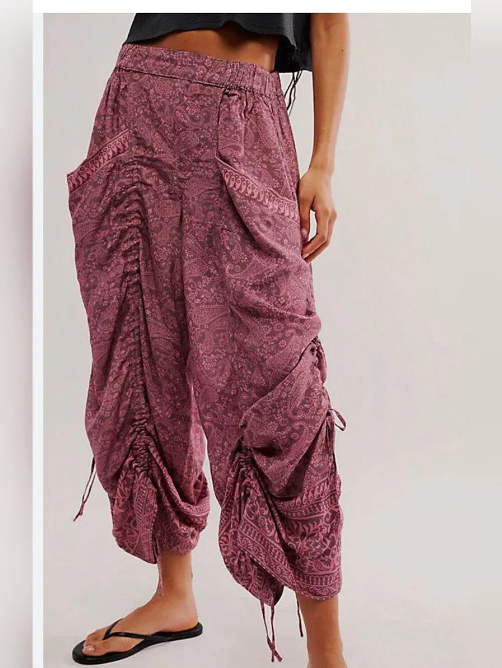 Free People Flora Pull On Bustle Trouser Paisley Ruched Leg L Paisley